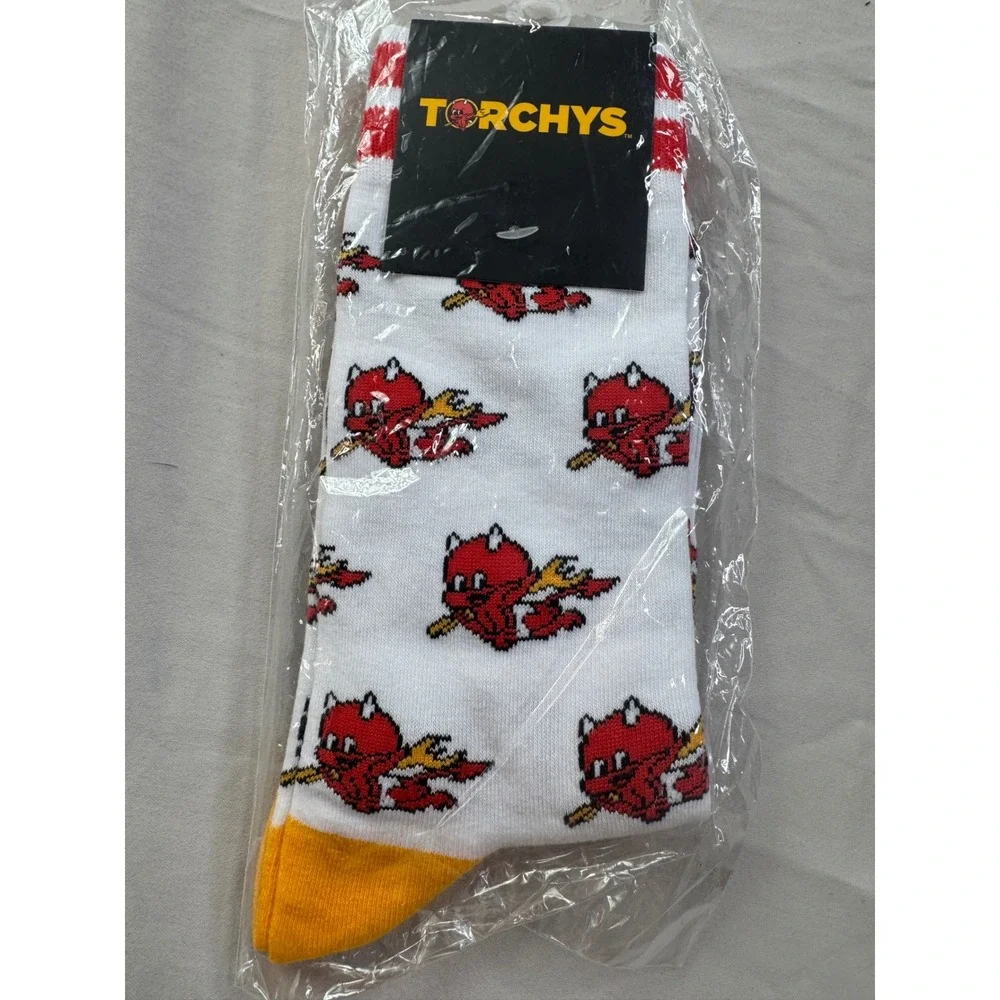 Torchy's Tacos Red Devil Mascot Crew Socks White Yellow Red Stripe New NIP‎